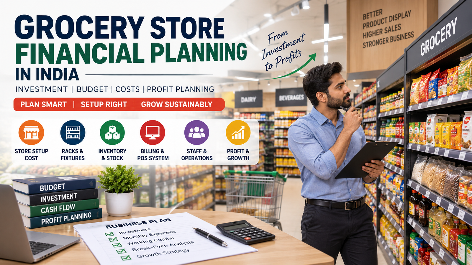 Grocery store financial planning in India with racks, inventory and investment planning